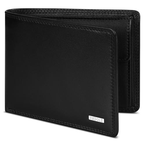 REDOLZ Herren Glatt-Leder-Geldbörse Querformat mit Klappe | Geldbeutel Brieftasche Portmonee Portemonnaie mit Klappe | RFID-Schutz & 8 Kartenfächer Querformat | Maße 12 x 2 x 9 cm (schwarz) von REDOLZ