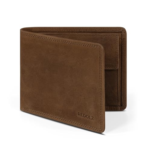 REDOLZ Herren Leder-Geldbörse Querformat mit Klappe | Geldbeutel Brieftasche Portmonee Portemonnaie mit Klappe | RFID-Schutz & 8 Kartenfächer Querformat | Maße 12 x 2,5 x 9,5 cm (braun) von REDOLZ