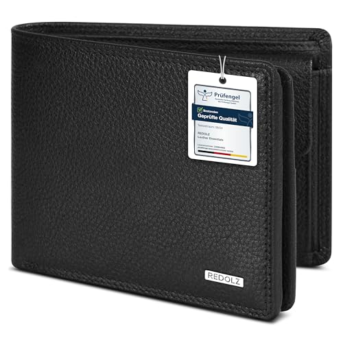 REDOLZ Herren Leder-Geldbörse Querformat mit Klappe | Geldbeutel Brieftasche Portmonee Portemonnaie mit Klappe | RFID-Schutz & 8 Kartenfächer Querformat | Maße 12 x 2 x 9 cm (schwarz) von REDOLZ