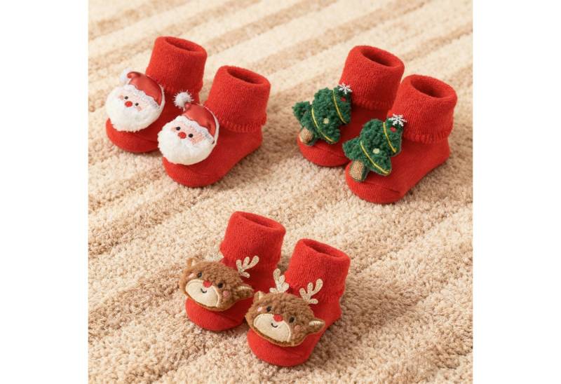 REDOM Freizeitsocken Baby-Weihnachtssocken Thermosocken Baumwollsocken 3er Set (Warme Babysocken Geschenkset, 3-Paar, Weiche Baumwolle mit Liebevolle 3D-Weihnachtsmotive) Vielseitig als Haussocken, Schlafsocken oder Geschenk geeignet von REDOM