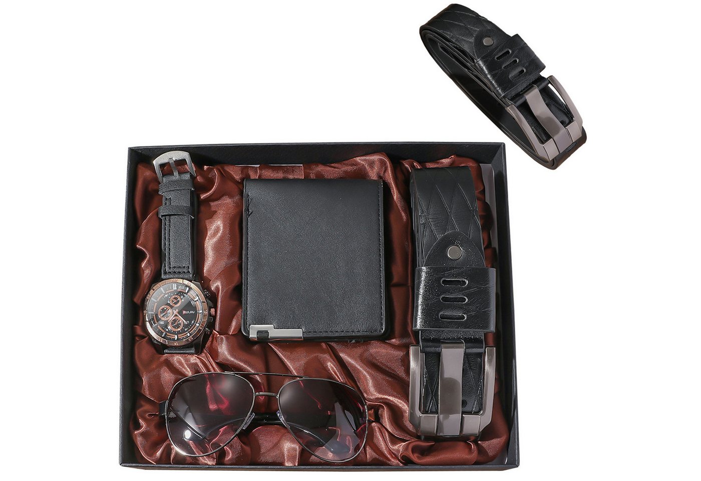 REDOM Geldbörse Herren Geschenkset 4-teilig Quarzuhr Sonnenbrille Geldbörse Gürtel (Mit Geschenkbox, 4-tlg., mit Quarz Armbanduhr Sonnenbrille Geldbörse und Gürtel aus Leder), Perfektes Geschenkset für Weihnachten Geburtstag Vatertag Valentinstag von REDOM
