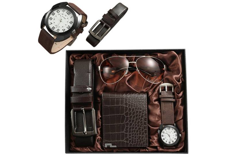 REDOM Geldbörse Herren Geschenkset 4-teilig Quarzuhr Sonnenbrille Geldbörse Gürtel (Mit Geschenkbox, 4-tlg., mit Quarz Armbanduhr Sonnenbrille Geldbörse und Gürtel aus Leder), Perfektes Geschenkset für Weihnachten Geburtstag Vatertag Valentinstag von REDOM