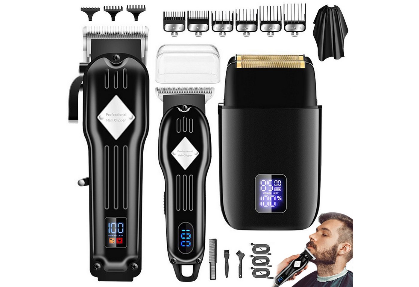 REDOM Haarschneider 3-in-1 Profi Haarschneide-Set Herren Trimmer Rasierer mit LED-Anzeige, Haarschneidemaschine USB-Ladekabel wiederaufladbarer T-Blade-Rasierer, für Zuhause Salon von REDOM