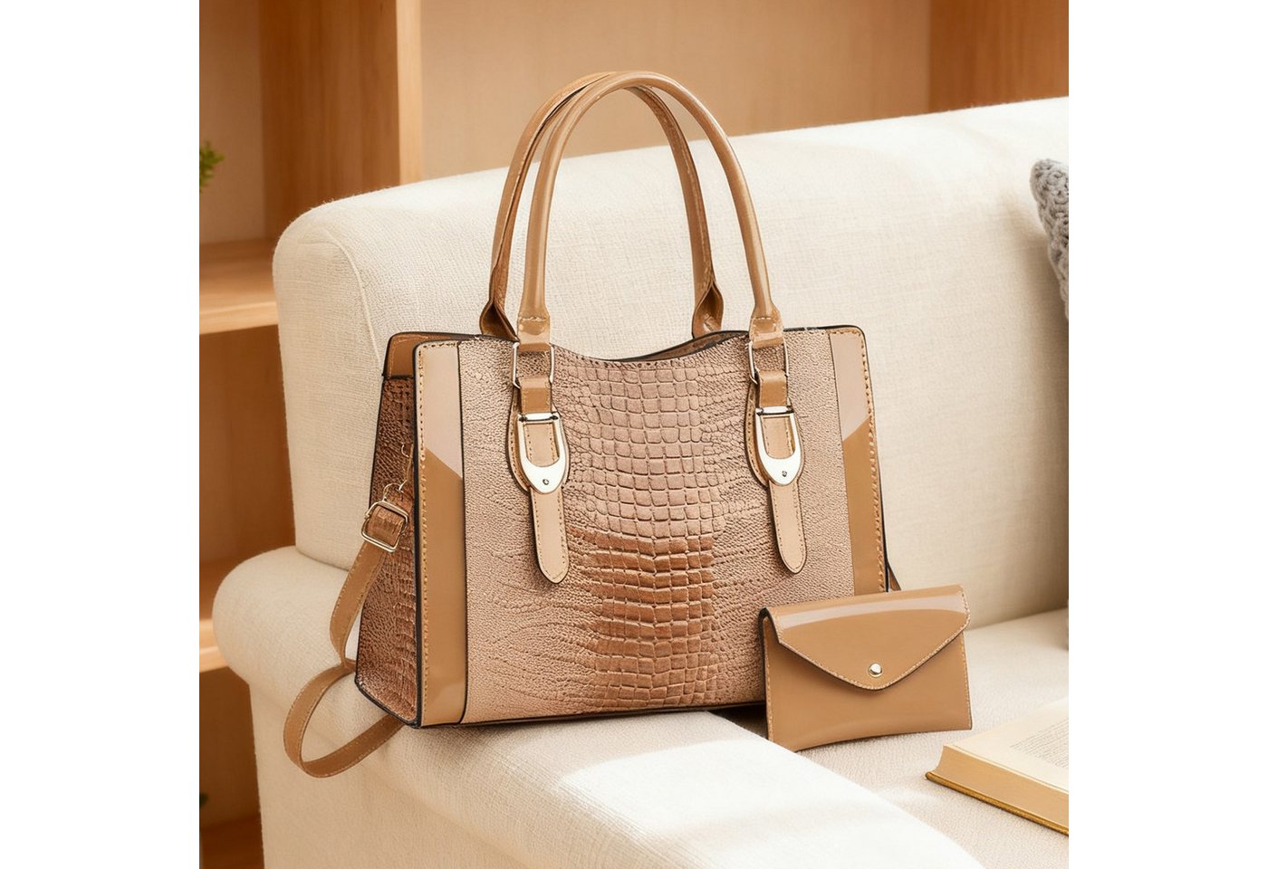 REDOM Henkeltasche Tragetasche Handtasche Umhängetasche Schultertasche (2-in-1-Set Damen Handtasche mit passender Geldbörse, 2-tlg., mit Fächern für Handy Schlüssel und Kosmetik), für Frauen Arbeit Business Schule Büro Reisen usw von REDOM