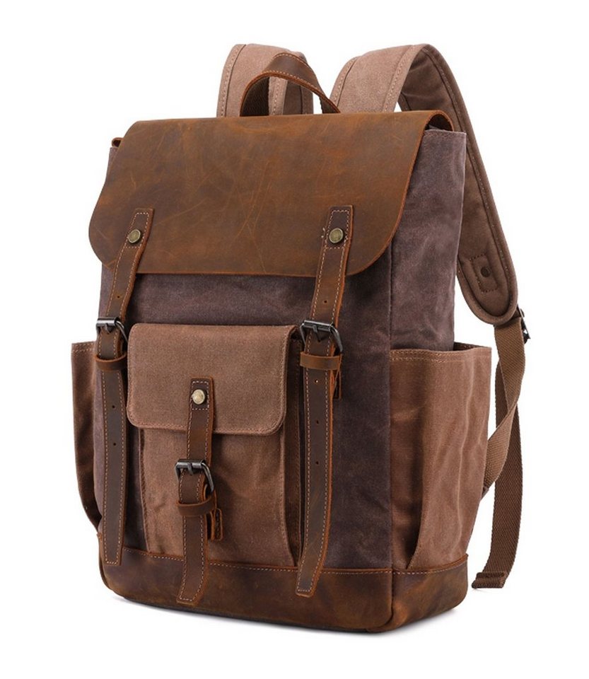 REDOM Laptoprucksack Rucksack Schulrucksack Lederrucksack Reiserucksack Schultertasche (Vintage Schultertasche Notebook Laptop Tasche Schule Uni Rucksack, Backpack mit Laptopfach, für bis 15,6-Zoll Laptop, Echtleder und Canvas), für Herren Damen Jungen Teenager Freizeit Arbeit Business Reisen von REDOM