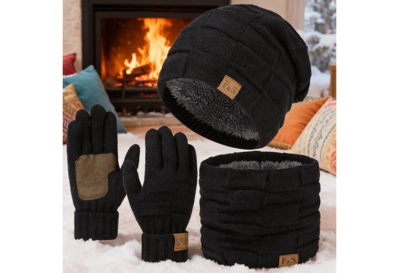 REDOM Mütze & Schal Winterset aus Mütze Schal Touchscreen-Handschuhen Mützen- und Schalset (Außen robust gestrick, innen weiches Fleece, 3-tlg., Optimal für Spaziergänge Radfahren Wintersport und Arbeit im Freien) doppellagig warm, elastisch ideal für Outdoor-Aktivitäten von REDOM