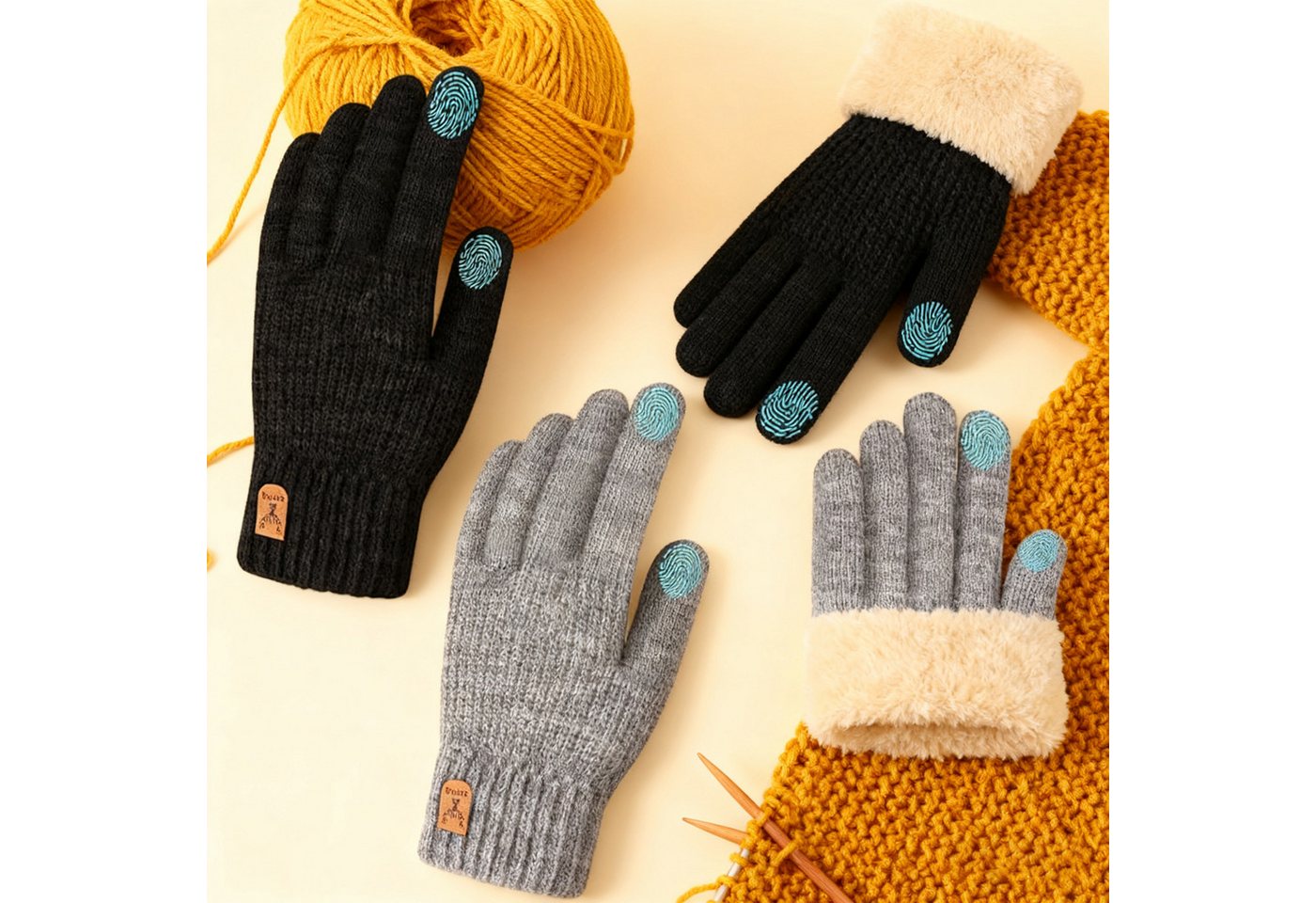 REDOM Strickhandschuhe Touchscreen-Handschuhe 2er Set Winterhandschuhe (mit Fleecefutter doppellagigem Kragen Dual-Touchscreen-Design, 2-St., für Handflächenbreiten von 8–10 cm und Umfänge von 18–23 cm) Elastisches Material in Einheitsgröße ideal für Damen und Herren von REDOM