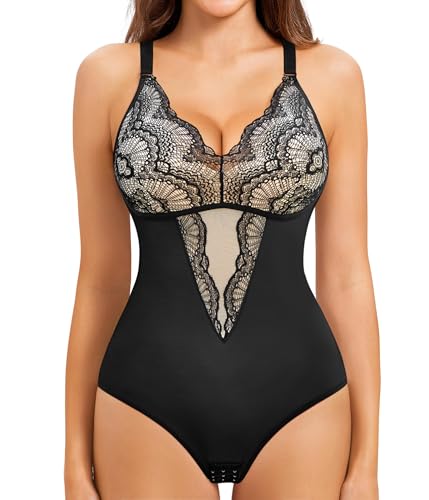 REDPAI Frauen Spitze Shapewear Bodysuit Bauchkontrolle Sculpting Body Shaper Ärmellos V-Ausschnitt Body Anzug, Schwarz, 3XL von REDPAI