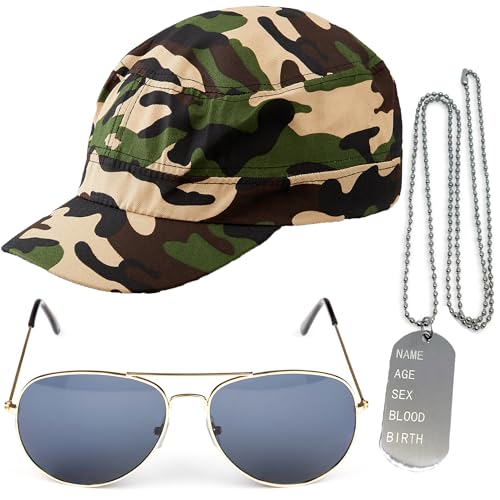 REDSTAR FANCY DRESS Instant Armee Modisches Kostüm-Set - Tarnung Hut Hundemarken Gold Pilotenbrille Herren Damen Unisex von REDSTAR FANCY DRESS