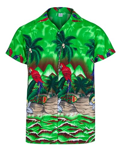 Hawaii Hemd Männer – kurzärmeliges leichtes Sommerhemd Herren mit Knopfleiste – Hawaiihemd als Bad Taste Outfit, Mallorca Party Outfit oder Dart Shirt mit Papagei, Palmen, Hibiskus von REDSTAR