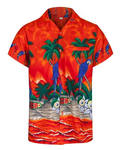 Hawaii Hemd Männer – kurzärmeliges leichtes Sommerhemd Herren mit Knopfleiste – Hawaiihemd als Bad Taste Outfit, Mallorca Party Outfit oder Dart Shirt mit Papagei, Palmen, Hibiskus von REDSTAR