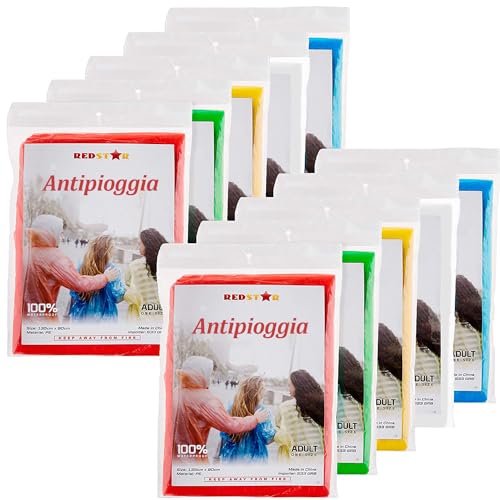 REDSTAR Einweg Regenponcho Damen und Herren bunt – Wanderzubehör oder Festival Gadget für Wacken Regencape Wanderausrüstung – Raincoat wasserdichte Regenkleidung – Einheitsgröße, 10 Stk. von REDSTAR