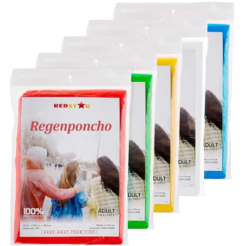 REDSTAR Einweg Regenponcho Damen und Herren bunt – Wanderzubehör oder Festival Gadget für Wacken Regencape Wanderausrüstung – Raincoat wasserdichte Regenkleidung – Einheitsgröße, 5 Stk. von REDSTAR