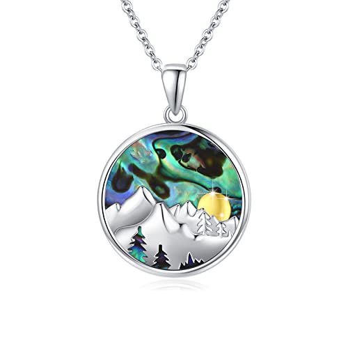 REDSUN Berg Halskette 925 Sterling Silber mit Sun Mountain Kette Abalone Shell Halskette Natur Schmuck für Skifahrer/Wanderer/Camper/Kletterer von REDSUN