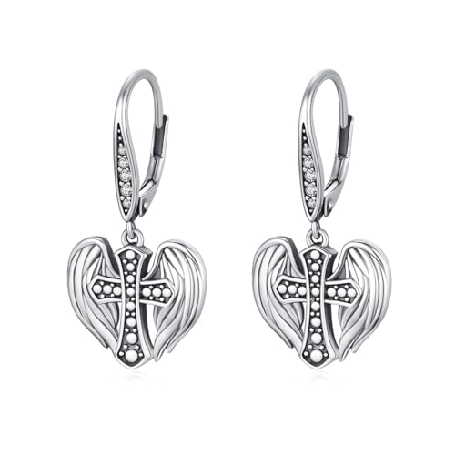 Engelsflügel Kreuz Ohrringe 925 Sterling Silber Kreuz Ohrringe Engelsflügel Tropfen Ohrringe für Mädchen Herren Sohn Teenager Geschenk von REDSUN