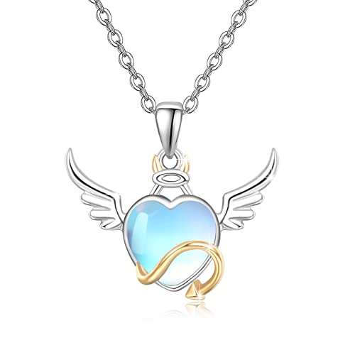 REDSUN Angel Devil Heart Halskette,925 Sterling Silber Mondstein Kette,Herz Anhänger Halskette Flügel Halskette, Teufel Herz Form Kette Schmuck Geschenke für Frauen Mädchen Tochter Freunde von REDSUN