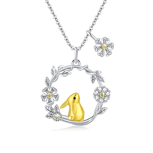 REDSUN Kaninchen Halskette Damen 925 Sterling Silber Hase Kette Blume Halskette Blume Niedlich Kaninchen Tier Anhänger Schmuck für Frau Damen Mädchen Mama Tochter Geschenke Geburtstag von REDSUN