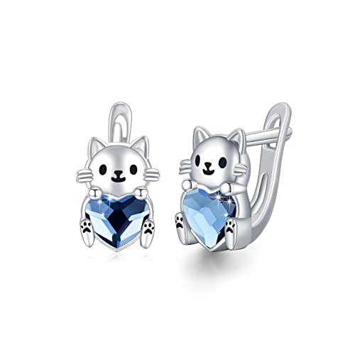 Katze Ohrringe 925 Sterling Silber Katzen Ohrringe mit Blau Kristall Katze Ohrstecker Kinder Ohrring Katzen Schmuck Tier Katze für Kinder Frauen Damen Muttertagsgeschenke von REDSUN