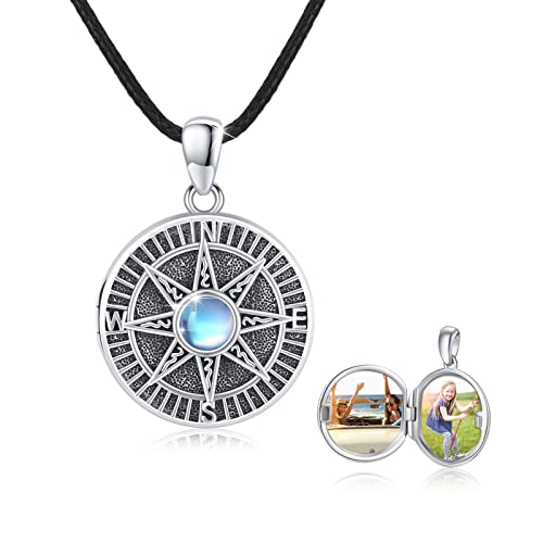 Kompass Medaillon Halskette 925 Sterling Silber Mondstein Kette Anhänger Foto Medaillon Personalisierte Amulett Medallion mit Foto Kompass Schmuck für Herren Sohn Jungen Damen Liebhaber Geschenke von REDSUN