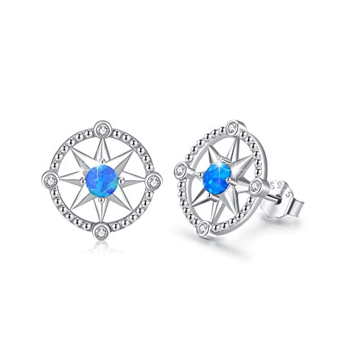 REDSUN Opal Ohrstecker für Frauen 925 Sterling Silber Kompass Ohrstecker mit blauem Opal Ohrringe hypoallergen Schmuck Geschenke für Frauen Mädchen von REDSUN