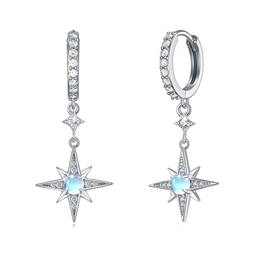 Mondstein Creolen Ohrringe 925 Sterling Silber Stern Ohrringe Mondstein Tropfen Ohrringe Achtzackiger Stern Hänge Ohrringe Regenbogen Schmuck für Mädchen Mutter Damen von REDSUN