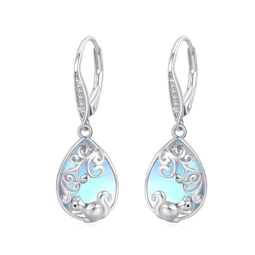 Mondstein Eichhörnchen Ohrringe Lotusblume Hängend Ohrringe 925 Sterling Silber Leverback Ohrringe Teardrop Tropfen Ohrringe Mondstein Schmuck Geburtstag Geschenk für Frauen Mädchen von REDSUN