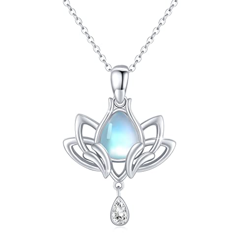 REDSUN Lotus Halskette 925 Sterling Silber Lotus Kette Mondstein Anhänger Synthese Regenbogen Halskette Schmuck für Tochter Frau Damen Muttertagsgeschenke für Mama von REDSUN