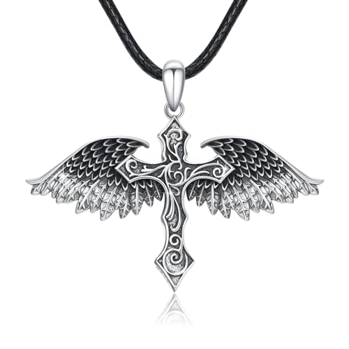 REDSUN Engelsflügel Halskette Schutzengel Flügel Kette 925 Sterling Silber Retro Kreuz Gothic Schwarz Engelsflügel Anhänger Glaube Amulett Schmuck Geschenk für Männer Frauen Unisex von REDSUN