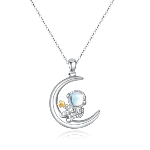 REDSUN Astronaut Halskette 925 Sterling Silber Mond Astronautin Kette Kosmonaut Anhänger mit Mondstein Spaceman Weltraum Schmuck Geschenke für Damen Frauen Jungen Mädchen von REDSUN