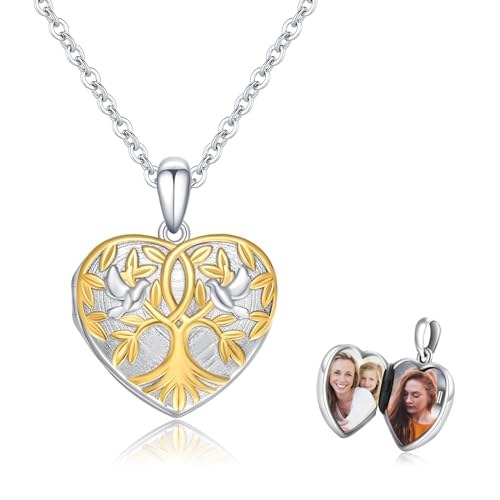 REDSUN Baum des Lebens Foto Medaillon Kette 925 Sterling Silber Herzform Medaillon Halskette Lebensbaum Weiße Taube Medaillon Anhänger Halskette Schmuck Amulett Familie für Damen Mädchen Mutter von REDSUN