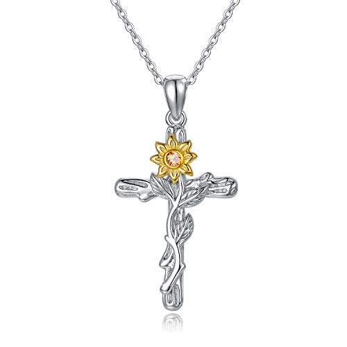 REDSUN Cross Necklace 925 Sterling Silver Sunflower Necklace Cross Pendant Jewellery for Women Girls von REDSUN