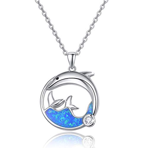 REDSUN Delphin Halskette für Frauen 925 Sterling Silber Ozean Welle Anhänger Tier Halskette Blau Opal Halskette Ozean Schmuck Geschenke für Frauen Mädchen Geburtstag Weihnachten Geschenke von REDSUN