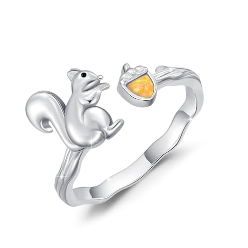 REDSUN Eichhörnchen Schmuck 925 Sterling Silber Eichhörnchen Ring mit Bernstein Opal Haselnuss Offene Ringe für Frauen Mädchen von REDSUN