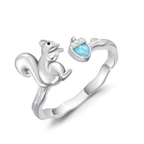 REDSUN Eichhörnchen Schmuck 925 Sterling Silber Eichhörnchen Ring mit Blauem Opal Haselnuss Offene Ringe für Damen Mädchen von REDSUN