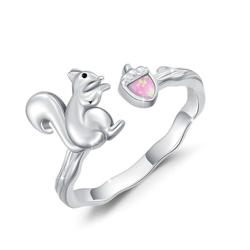 REDSUN Eichhörnchen Schmuck 925 Sterling Silber Eichhörnchen Ring mit Rosa Opal Haselnuss Offene Ringe für Frauen Mädchen von REDSUN