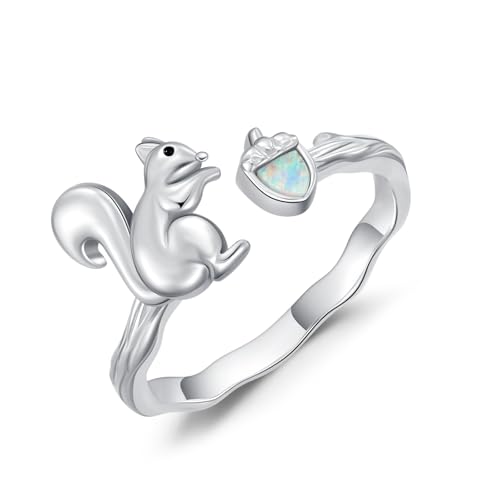 REDSUN Eichhörnchen Schmuck 925 Sterling Silber Eichhörnchen Ring mit Weißem Opal Haselnuss Offene Ringe für Frauen Mädchen von REDSUN