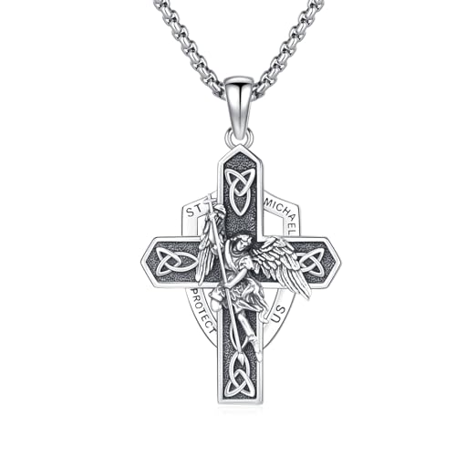 REDSUN Erzengel Michael Kreuz Halskette 925 Sterling Silber Keltischer Kreuz Kette für Herren Saint Michael Halskette Christentum Amulett Schmuck Herren Damen Geschenke von REDSUN