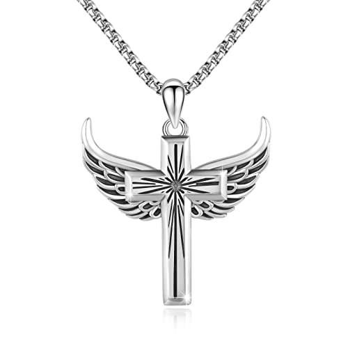 REDSUN Wikinger Flügel Halskette 925 Sterling Silber Kreuz Anhänger Engelsflügel Kette Schmuck Geschenke für Damen Herren von REDSUN