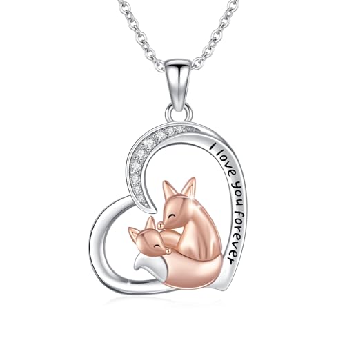 REDSUN Fuchs Halskette 925 Sterling Silber Fuchs Kette Mutter Und Tochter Anhänger Herz Hängel Niedliche Tier Schmuck Geschenk für Damen Mädchen Mama Tochter von REDSUN