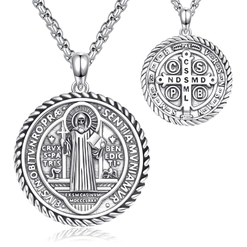 REDSUN Saint Benedict Kette 925 Sterling Silber Heiliger Religiöser Beschützer Halskette St Benedict Kreuz Anhänger für Männer Christlicher Kettenschmuck Männer Frauen Jungen, Sterling Silber von REDSUN