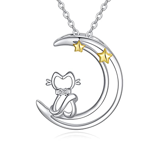 REDSUN Mond Katze Halskette 925 Sterling Silber Mondsichel Halskette Schmuck Stern und Mond Halskette Tier Halskette Schmuck Geschenke für Frauen Mädchen Katzenliebhaber von REDSUN