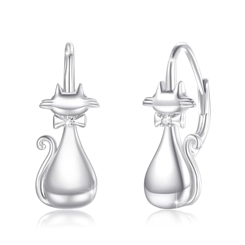REDSUN Katze Ohrringe 925 Sterling Silber Katze Leverback baumeln Hoop Ohrringe niedlich Katze Ohrringe Schmuck Geschenke für Frauen Teenager Mädchen Katze Liebhaber von REDSUN
