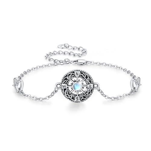REDSUN Kompass Armband 925 Sterling Silber Keltischer Mondstein Kompass Armband Graduation Talisman Reise Armband Inspirational Graduation Schmuck Geschenke für Frauen Mädchen von REDSUN