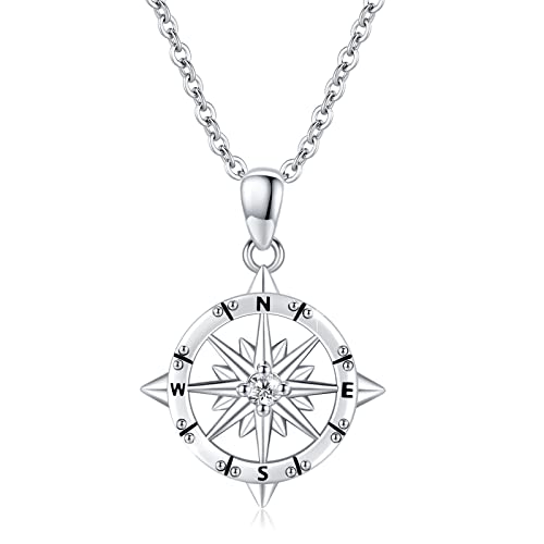 REDSUN Kompass Kette Damen 925 Sterling Silber Kompass Halskette mit Zirkon Kette Amulett Kompass Geschenk Schmuck für Mädchen Damen Herren von REDSUN