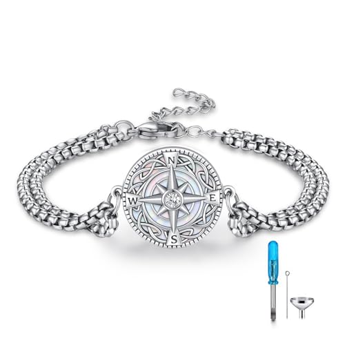 REDSUN Kompass Urnen Armband für Herren Männer Damen 925 Sterling Silber Opal Asche Armband Keltisches Verstellbar Armbänder Vintage Amulett Schmuck Frauen Armbänder von REDSUN