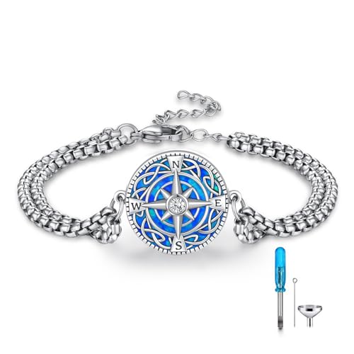 REDSUN Kompass Urnen Armband für Herren Männer Damen 925 Sterling Silber Asche Armband Keltisches Verstellbar Armbänder Vintage Amulett Schmuck Frauen Armbänder (04-Blauer Opal) von REDSUN