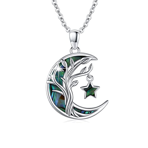 REDSUN Lebensbaum Anhänger 925 Sterling Silber Moon Halskette Mond Star Anhänger Amulett Schmuck für Frauen Männer Mutter Tochter Freundin（Abalone-Muschel） von REDSUN