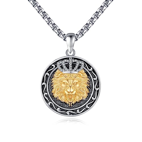 REDSUN Lion Halskette 925 Sterling Silber Vintage Lion Vergoldet Tierkopf Anhänger Krone Löwenkopf Kette Tier Schmuck Geschenk für Männer Frauen Mutter Mädchen von REDSUN