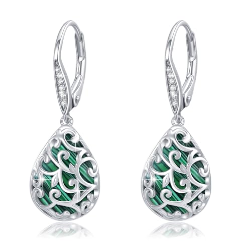 REDSUN Malachit Ohrringe für Damen 925 Sterling Silber Tränenohrringe Filigran Tropfen Ohrringe mit Zirkonschnalle Schmuck für Frauen Mädchen von REDSUN