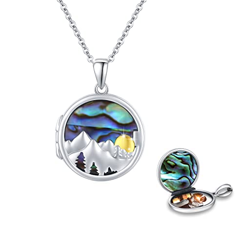 REDSUN Medaillon Halskette,925 Sterling Silber mit Sun Mountain Kette Abalone Shell Bergsteiger Pendant Photo Locket Amulet Medallion with Photo Berg Anhänger Halskette für Frauen Mädchen von REDSUN